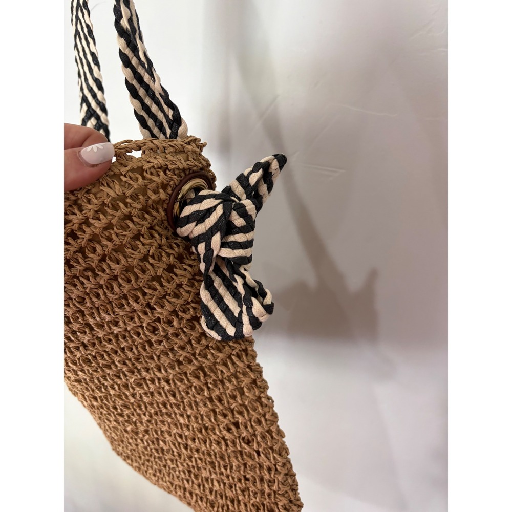 Woven Straw Tote Bag Tan Brown Striped Knotted Strap Boho Beach Shoulder Bag - Picture 3 of 6